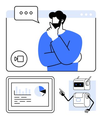 Tabletteki video çizelgesinde düşünen adam, yardımcı robot. Teknoloji, veri analizi, yapay zeka, çevrimiçi iletişim, sanal toplantılar, uzaktan çalışma, eğitim için ideal. Çizgi