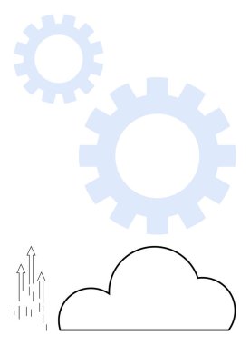 Büyük ve küçük açık mavi vitesler, siyah çizgili bulut ve veri transferini gösteren yukarı bakan oklar. Bulut hesaplama, teknoloji, yenilik, veri yönetimi ve dijital için ideal