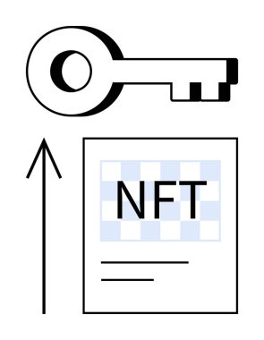 Digital key above an NFT document, with an arrow pointing upwards. Ideal for blockchain, cryptocurrency, digital assets, secure transactions, innovation, investment future technology. Line metaphor clipart