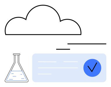 Bulut çizgisi, sıvılı kimya şişesi, belgede mavi işaret var. Bulut bilimi, veri bilimi, bilimsel araştırma, dijital doğrulama, çevrimiçi depolama teknolojisi eğitimi için ideal. Çizgi