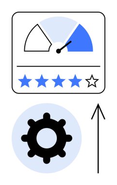 Müşteri memnuniyeti gösterge paneli ortalama reyting gösteriyor, beş mavi yıldız, vites simgesi ve yukarı doğru ok. Geri bildirim, iyileştirme, performans, hizmet değerlendirmesi, kalite kontrolü için ideal