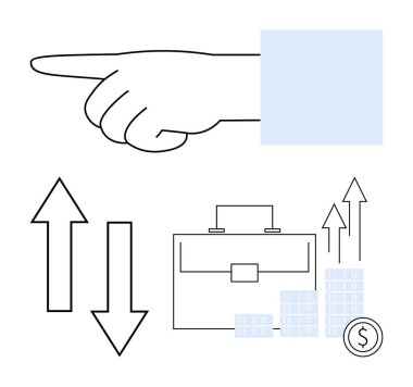 El işareti olarak evrak çantası, yukarı ve aşağı ok, bozuk para ve istiflenmiş para gibi iş simgeleri gösteriliyor. Mali rehberlik, yatırım stratejisi, ekonomik büyüme ve ticaret için ideal