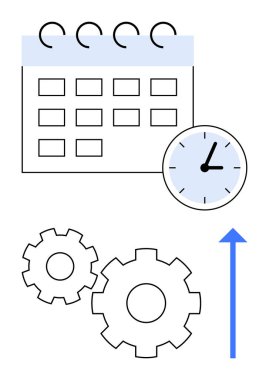 Takvim sayfası, saat, iki vites ve verimliliği vurgulayan mavi ok. İş planlaması, proje yönetimi, zamanlama, iş akışı optimizasyonu, verimlilik süresi için ideal