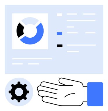 Veri tablosu, el hareketi ve vites sembolü. İş için ideal, veri analizi, yönetim, takım çalışması, verimlilik yenilik teknolojisi. Satır metaforu