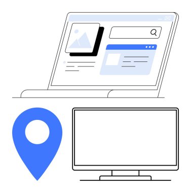 Arama motoru sonuçlarını gösteren dizüstü bilgisayar, büyük mavi yer belirleme pimi ve bir bilgisayar monitörü. Web tasarımı için ideal, SEO, coğrafi konumlandırma hizmetleri, navigasyon, çevrimiçi araştırma, dijital pazarlama