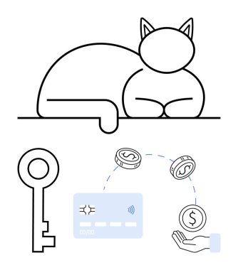 Cat sleeping peacefully, vintage key, credit card, and hand with floating coins. Ideal for security, finance, transactions, savings online banking e-commerce and pet-related themes. Line metaphor clipart