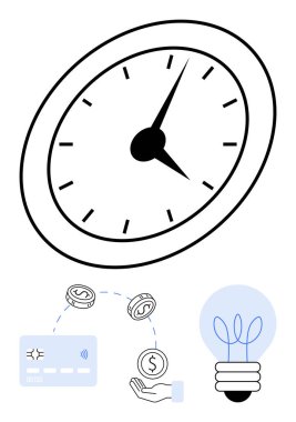 Zamanı gösteren büyük bir saat, madeni para ve kredi kartını gösteren bir el, fikirleri sembolize eden bir ampul. İş, finans, zaman yönetimi, yenilik ve verimlilik için ideal