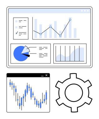 Charts, graphs, and a gear icon displayed in a dashboard interface. Ideal for data analysis, business reporting, financial management, performance tracking, tech support, project management clipart