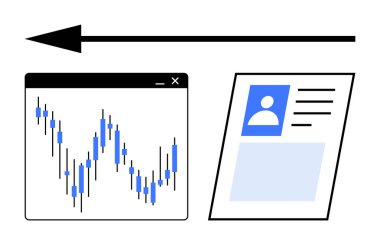 Basitleştirilmiş bir profil kartı planının yanında solda şamdanlar olan finansal veri grafiği. Finansal analiz, mesleki büyüme, piyasa tahminleri, veri yorumlaması, iş dünyası için ideal