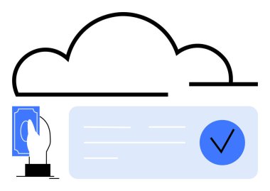 Para kartı, bulut sembolü ve mavi onay işareti. Dijital ödemeler, bulut güvenliği, çevrimiçi işlemler, e-ticaret, fintech veri depolama siber güvenliği için ideal. Satır metaforu