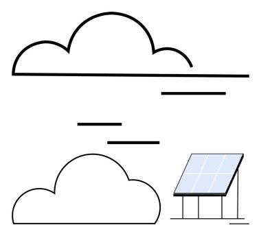 Güneş paneli, üzerinde stilize bulutlar olan güneşe doğru dönük. Yenilenebilir enerji, sürdürülebilirlik, temiz teknoloji, çevre dostu çözümler, yeşil enerji, çevre bilinci, iklim