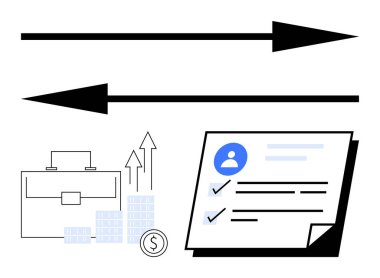 Zıt yönleri gösteren siyah oklar, evrak çantası, yükselen bar çizelgesi, dolar işareti ve kullanıcı profilli kontrol listesi. Ticari büyüme, yönetim, kurumsal analiz, mali