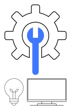 Gömülü ingiliz anahtarı, ampul ve monitörlü vites. Teknoloji, bakım, yenilik, bilişim hizmetleri, problem çözme yaratıcılığı ve gelişim kavramları için idealdir. Satır metaforu