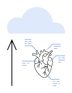 Arrow pointing to digital cloud connected to heart with data lines. Ideal for healthcare, technology, digital records, medical data analysis, cloud storage, telemedicine, online health monitoring clipart