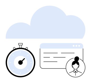 Bulut kronometre kullanıcı profili ve web sayfası elemanları. Bulut hesaplama, zaman yönetimi, kullanıcı arayüzü tasarımı, çevrimiçi profiller, dijital organizasyon, üretkenlik, iş akışı optimizasyonu için ideal