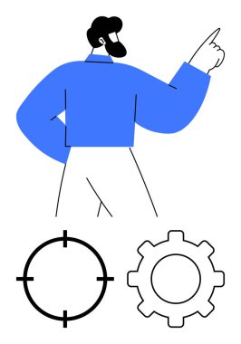 Mavi gömlekli adam, hedef ve vites simgeleriyle birlikte önünü işaret ediyor. Hedef belirleme, takım işbirliği, iş stratejileri, iş akışı yönetimi, yenilik, liderlik, üretkenlik için ideal