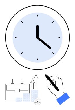 Büyük saat, elinde kalem, evrak çantası, çizelge ve yükselen oklarla zamanı gösteriyor. Üretkenlik, teslim tarihleri, iş büyümesi, mali planlama, ofis araçları organizasyonu için ideal