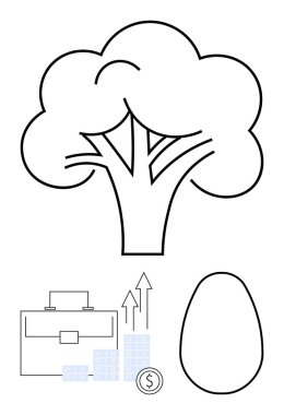 Ağaç çizgisi, evrak çantası, yukarı bakan oklar, bozuk para, grafik çizgileri ve yumurta şekli. Finans, sürdürülebilirlik büyümesi yatırım, iş dünyası, çevre konuları için ideal. Satır metaforu