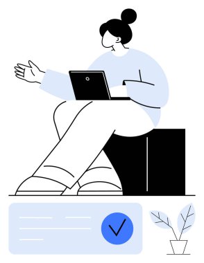 Dizüstü bilgisayar tutarken el kol hareketi yapan bir kadın, yakınlarda saksı bitkisi, mavi işaret. İletişim için ideal, çevrimiçi toplantılar, üretkenlik, uzaktan çalışma, çalışma alanı dekorasyonu, iş görüşmeleri dijital