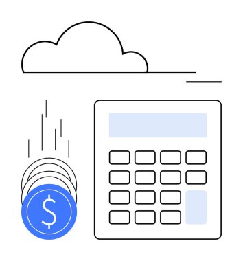 Dijital para birimi ve arka planda bir bulut ile birlikte hesaplama için hesap makinesi. Finansal planlama, bütçe, muhasebe, fintech, bulut hesaplama, dijital bankacılık ve çevrimiçi işlemler için ideal