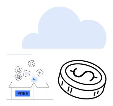 Dijital simgeler ve bir dolar para ile etiketlenmiş kutunun üzerindeki simge. Bulut bilgisayarı, depolama, dijital hizmetler, e-ticaret, ücretsiz denemeler, tasarruflar, online alışveriş için ideal. Satır metaforu