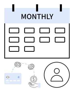 Aylık takvim, döviz takas simgeleri, kredi kartı ve kullanıcı profili çemberi. Finans, bütçe planlaması, abonelik hizmetleri, maaş yönetimi, gider takibi, kişisel finans uygulamaları için ideal