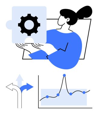Vites çizgisi okları yönü gösteren bir yapboz parçası tutan kadın. Strateji, karar verme, veri analizi, yenilik, problem çözme, iş büyümesi, takım çalışması için ideal. Satır metaforu