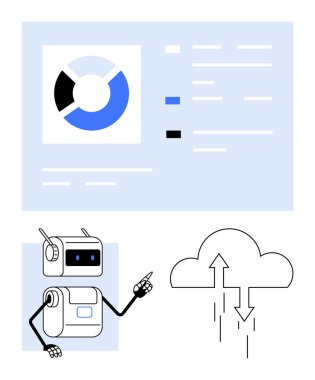 Robot mavi ve siyah pasta grafiği, oklu bulut sembolü, açık mavi arkaplanda veri elementleri. Teknoloji, yapay zeka, bulut hesaplama, veri analizi, otomasyon, yenilik, fütüristik