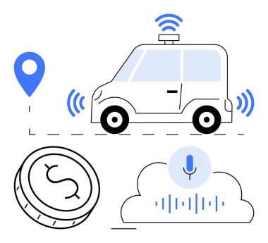 Kablosuz sinyalleri ve konum şifresi olan otonom bir araba. Buluttaki mikrofon simgesi ses kontrolünü gösteriyor. Dolar sikkesi maliyeti simgeliyor. Teknoloji, ulaşım, finans, yapay zeka ve navigasyon için ideal