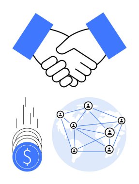 Handshake above coins dropping and globe with network of connected people. Ideal for business, finance, global cooperation, partnerships, networking, investments, teamwork. Line metaphor clipart