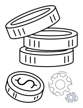 Bozuk paralar bir araya toplanmış ve bir dolar işareti var. Yakınlarda, birbirine kenetlenmiş iki vites. Mali planlama, yatırım, iş operasyonları, ekonomi, bütçe ve ekonomi için ideal