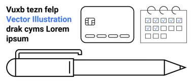 Kredi kartı, işaretli takvim ve kalem. Sınır çizili metin tutucu. Finansal planlama, iş stratejileri, yapılacaklar listesi, ofis malzemeleri organizasyon programları için ideal. İniş