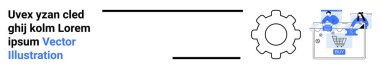 İnsanlar büyük bir vites simgesi eşliğinde bir web sitesinden online alışveriş yapıyorlar. E-ticaret, dijital pazarlama, çevrimiçi alışveriş, kullanıcı arayüzü, web sitesi tasarımı, teknoloji, iş stratejisi için ideal