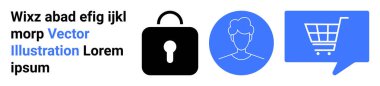Güvenlik için ikon kilitle, kullanıcı başı daire içinde ve alışveriş arabası konuşma balonunda. Web tasarımı, e-ticaret, kullanıcı kimlik denetimi, güvenlik tedbirleri, çevrimiçi profiller, dijital işlemler için ideal