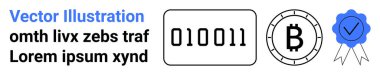 İkili kod, Bitcoin sembolü, mavi sertifika kurdelesi ve yer tutucu metin elemanları. Kripto para birimi, dijital finans, engelleme teknolojisi, kodlama, dijital sertifikalar, veri şifrelemesi için ideal