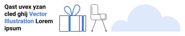 Mavi kurdeleli hediye kutusu, modern ofis koltuğu ve bulut şeklinde. Yer Tutucu metni Qast uvex yzan ghi vektör illüstrasyon Lorem ipsum 'u aradı. Ofis temaları, hediyeler, teknoloji, modernite, basitlik için ideal