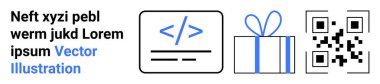 Kod sembolü, hediye kutusu ve mavi vektör illüstrasyonlu metnin yanındaki QR kodu. Teknoloji temsilciliği, programlama, çevrimiçi alışveriş, dijital işlemler, hediyeler, modern tasarım pazarlaması için ideal
