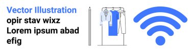 Mavi kablosuz ikon, kalem, asma elbiseli elbise askılığı ve yer tutucu metni. Teknoloji, uzaktan çalışma, iletişim, moda, tasarım e-ticaret ve bağlantı kavramları için ideal