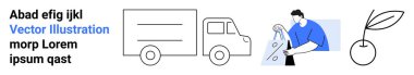 Simplified vector of delivery truck, person recycling bottle, and a growing plant promoting sustainability. Ideal for environmental conservation, eco-friendly practices, green transportation clipart