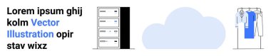 Depolama sunucuları, açık mavi bulut grafikleri ve giysi rafları. Bulut bilgisayarı, veri depolama, çevrimiçi hizmetler, moda teknolojisi, gardırop yönetimi, dijital gardırop deposu için ideal