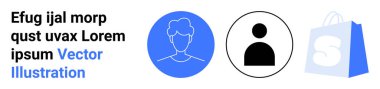 Bir insan simgesi, bir profil avatar ikonu ve bir alışveriş poşeti ikonu olan mavi ve beyaz bir vektör. İnternet alışverişi için ideal, kullanıcı profilleri, e-ticaret, dijital kimlikler, web tasarımı. İniş sayfası