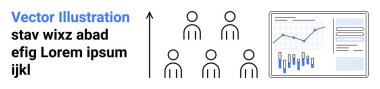 Yükselen eğilimi gösteren çizelge, beş kişi figürü, yer tutucu metni olan metin bloğu ve bir analitik gösterge paneli. İş stratejileri, veri analizi, büyüme potansiyeli, takım çalışması sinerjisi için ideal