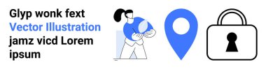 Küre tutan kadın, mavi lokasyon rozeti, siyah asma kilit ikonu ve yer tutucu metin. Temalar için ideal güvenlik, navigasyon, küresel erişim, mahremiyet, veri koruması dijital pazarlama kullanıcısı