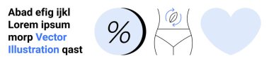 Çemberde yüzdelik sembolün vektör çizimi, oklu soyut kadın gövdesi ve büyük mavi kalp. Fitness, beslenme, tıbbi bloglar, sağlık kampanyaları, sağlık uygulamaları, bilgi grafikleri için ideal