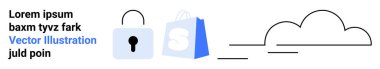 Asma kilit sembolü, e-ticaret çantası ve bulut simgesi. Bulut güvenliği, online alışveriş, veri koruması, teknoloji hizmetleri ve internet güvenliği için ideal. İniş sayfası