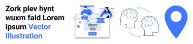 İnsanlar bir cihazdan online alışveriş yapıyorlar. Beyin simgeli iki kafa ve beyin fırtınasını simgeleyen oklar ve mavi bir yer belirleyici. E-ticaret, teknoloji, pazarlama ve eğitim için ideal