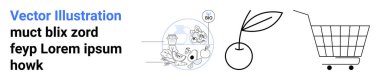 Alışveriş arabası, meyve sapı, ve çizgi film hayvanları. Metin mukus blix zord feyp Lorem ipsum howk. E- ticaret, tarım, markalaşma, pazarlama, eğitim, çevre kampanyaları için ideal
