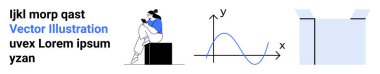 Üzerinde XY etiketli sinüs dalgası grafiği olan siyah kutuda oturan mavi elbiseli kadın, yanında açık mavi kutu var. Teknoloji, eğitim, ecommerce, sunumlar, bilgi grafikleri, web için ideal