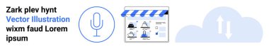 Online storefront with user profiles, microphone icon indicating voice search, and cloud sync icon. Ideal for e-commerce, user management, online shopping, voice search, cloud services, tech clipart