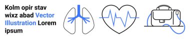 Akciğerleri, kalp atışı ve evrak çantası olan tıbbi semboller. Sağlık, tıp eğitimi, çevrimiçi kurslar, teknoloji, teletıp, sağlık uygulamaları, araştırma yayınları için ideal